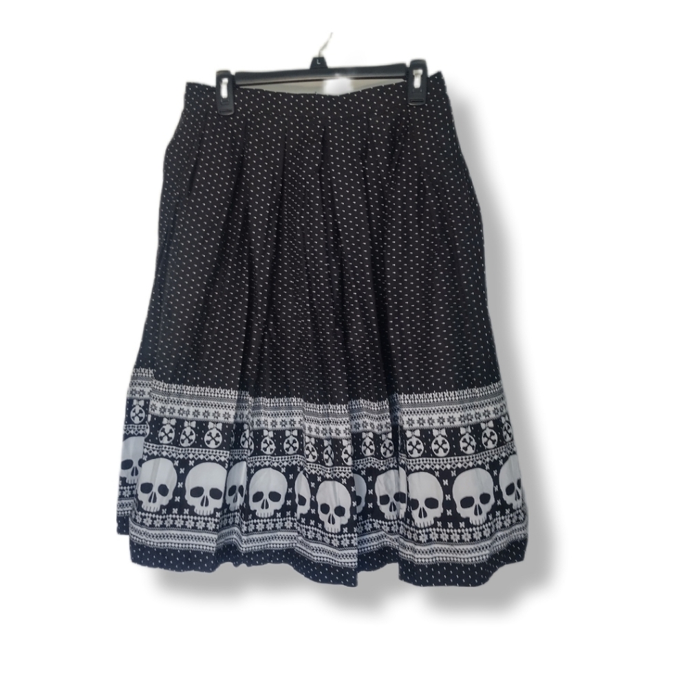 HELL BUNNY Skull Ornament Black and White Polkadot A-line Skirt size L - Picture 2 of 7